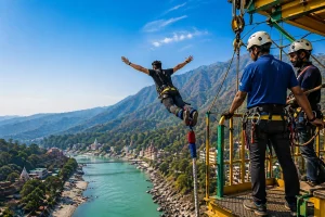 A man bungee jumping over lake