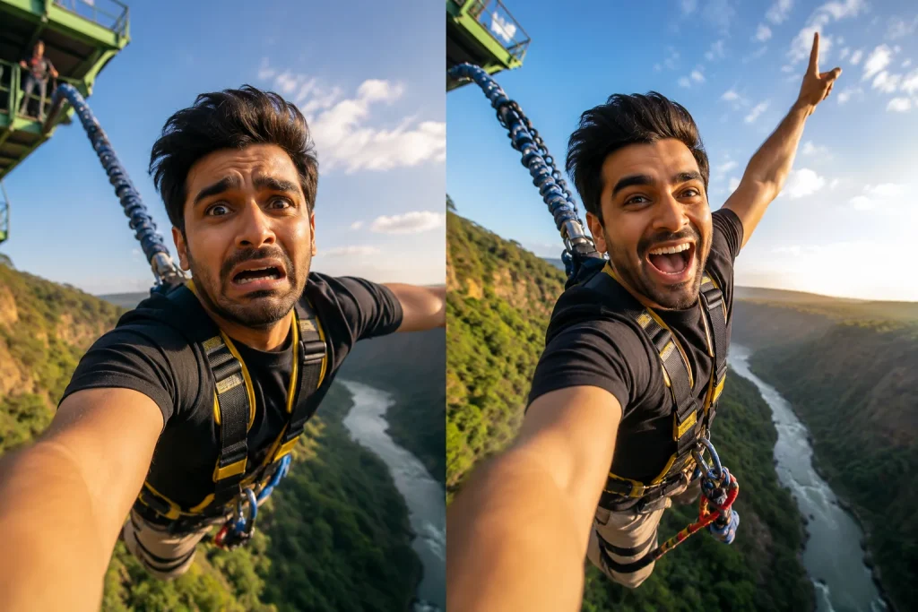 Bungee jumper split image showing nervous face before jump and ecstatic face after