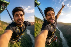 Bungee jumper split image showing nervous face before jump and ecstatic face after