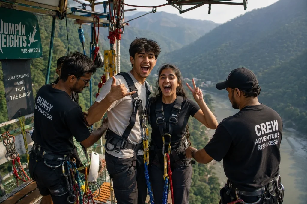 Teens preparing to bunjee jump