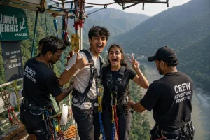 Teens preparing to bunjee jump