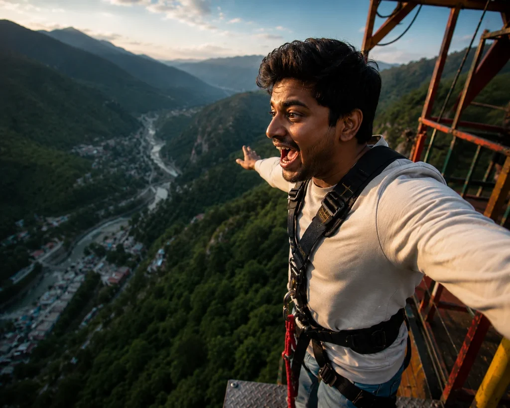 A first-time bungee jumper