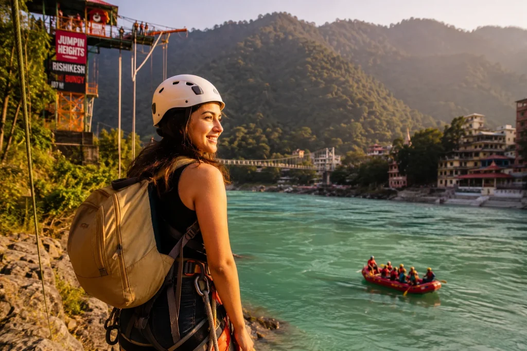 Solo woman traveler standing at the edge of a scenic Rishikesh riverbank