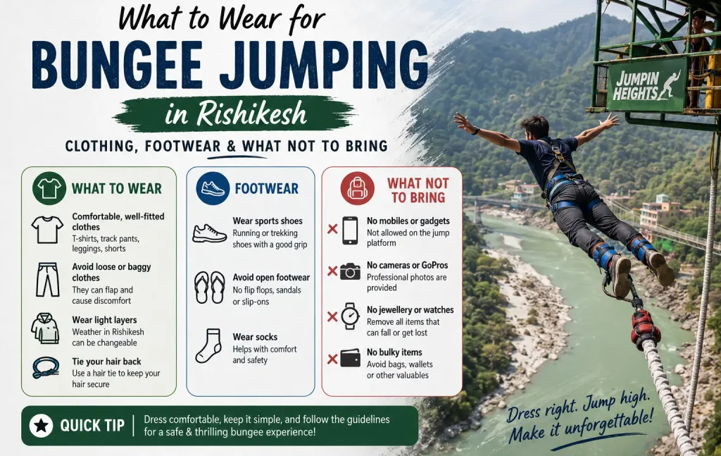 ungee jumping in Rishikesh with proper sportswear and shoes.