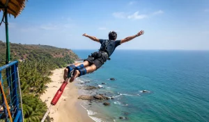 Bungee jumper over Goa coastline