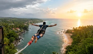 Bungee jumper over coastline