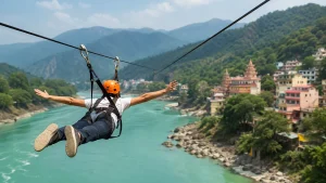 Person enjoying a flying fox zipline adventure over the River in Rishikesh.