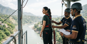 bungee jumping on a platform overlooking a Rishikesh river