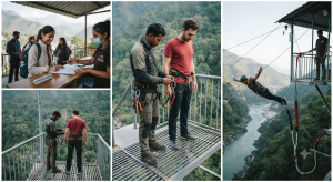 A bungee jumping photo collage: registration, harness check, and the final leap