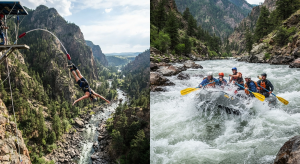 Split image comparing bungee jumping and river rafting